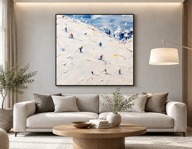 Abstract Oil Painting - Skiers on Snowy Mountain in White Impasto