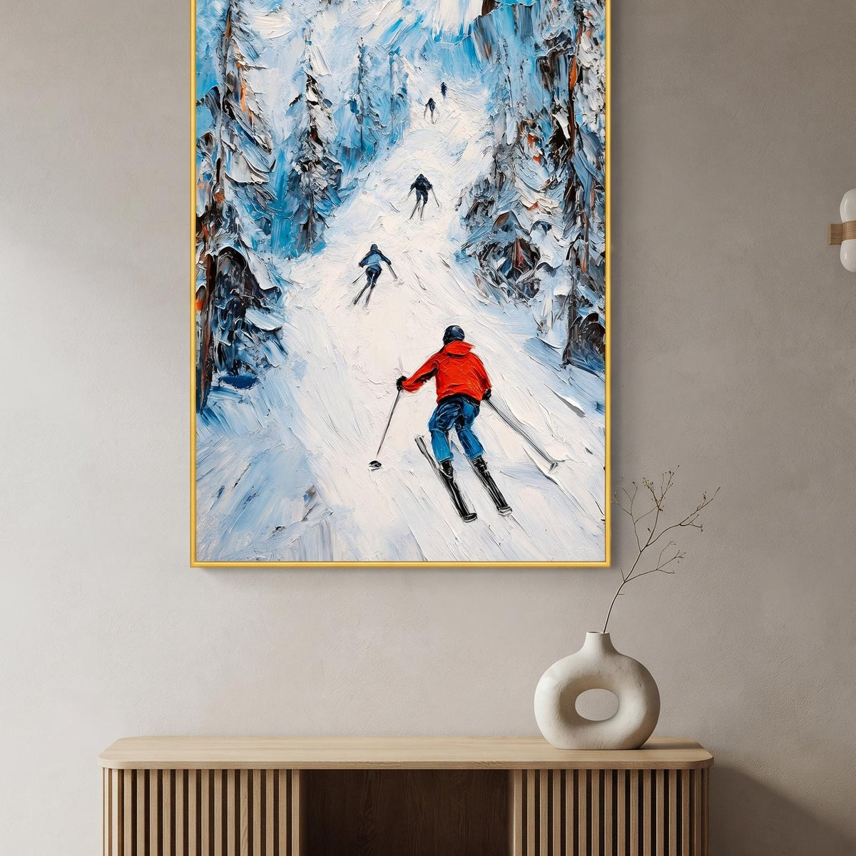 Abstract Oil Painting - Skiers on Snowy Mountain Trail Wall Art