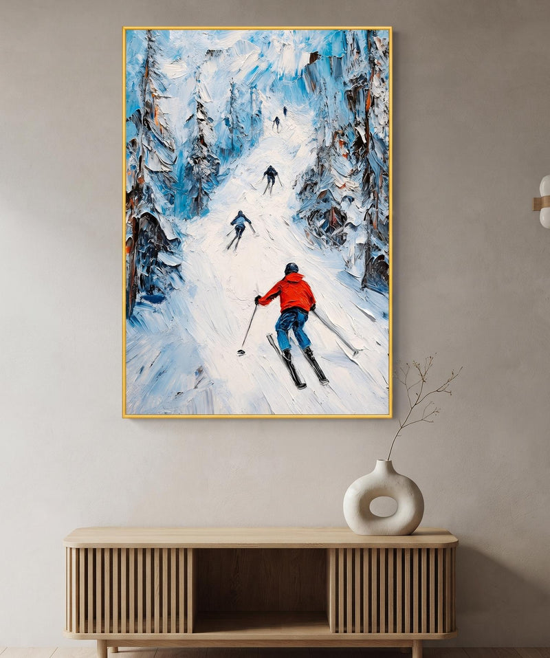 Abstract Oil Painting - Skiers on Snowy Mountain Trail Wall Art