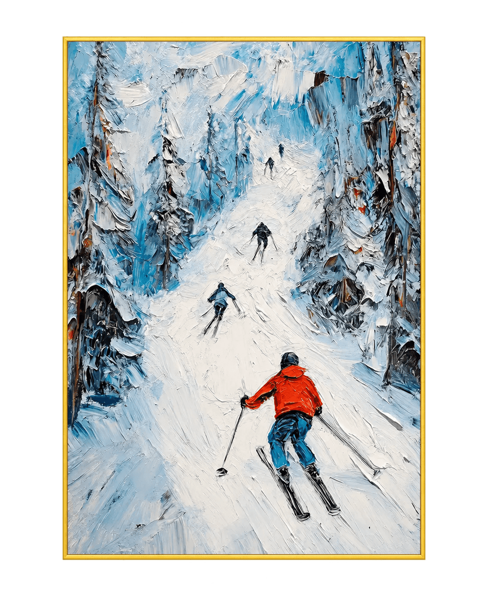 Abstract Oil Painting - Skiers on Snowy Mountain Trail Wall Art
