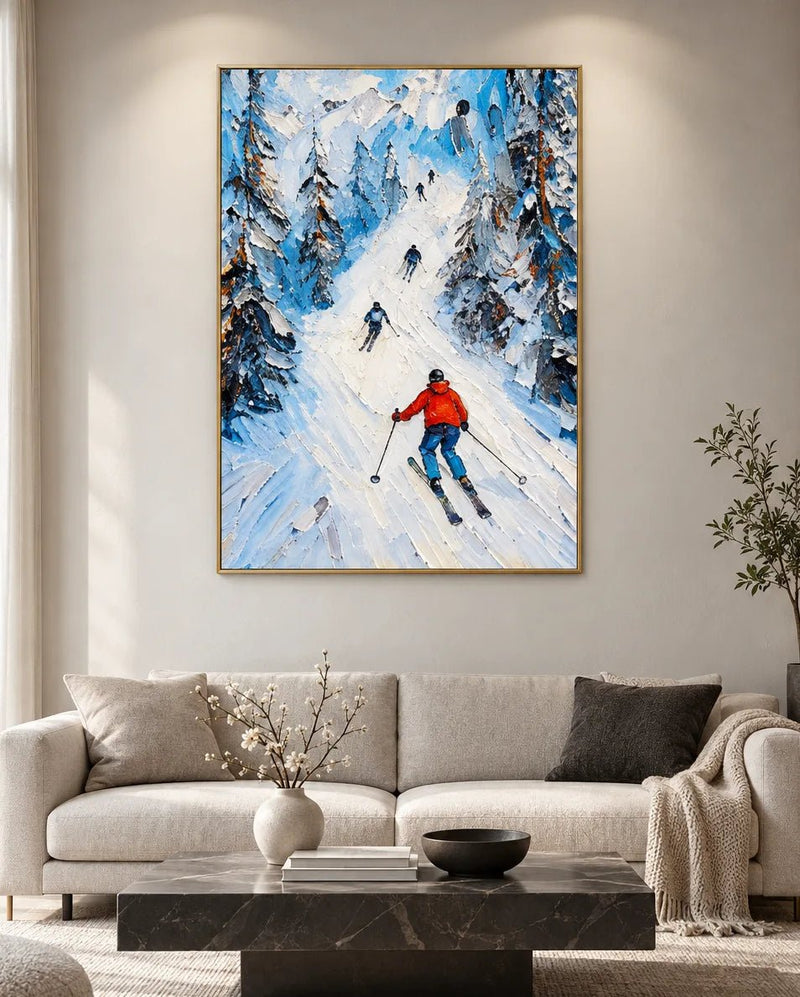 Abstract Oil Painting - Skiers on Snowy Mountain Trail Wall Art