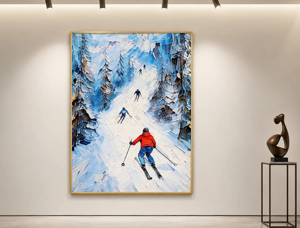 Abstract Oil Painting - Skiers on Snowy Mountain Trail Wall Art