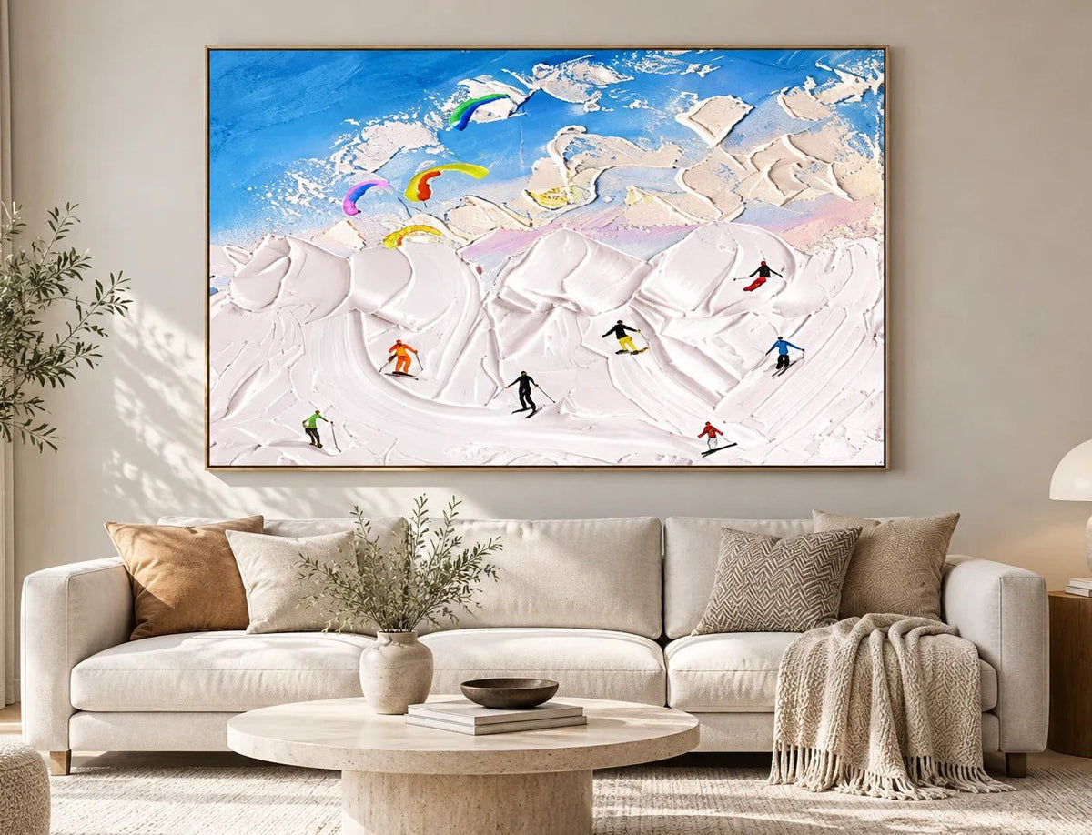 Abstract Oil Painting - Skiers on Snowy Slopes Impasto on Canvas