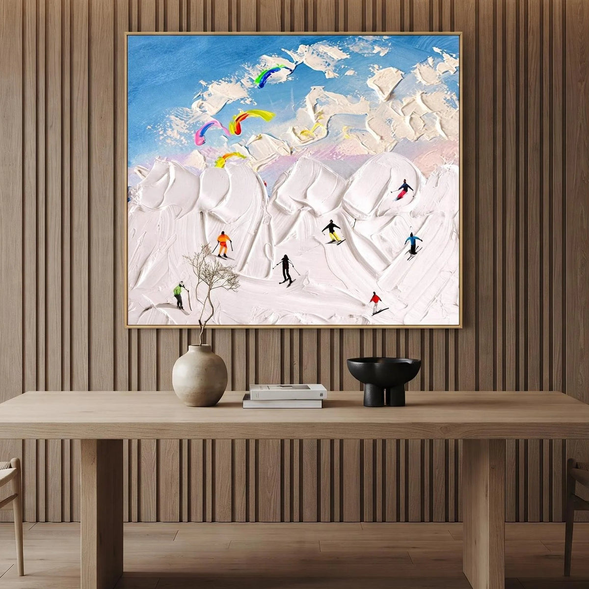 Abstract Oil Painting - Skiers on Snowy Slopes Impasto on Canvas