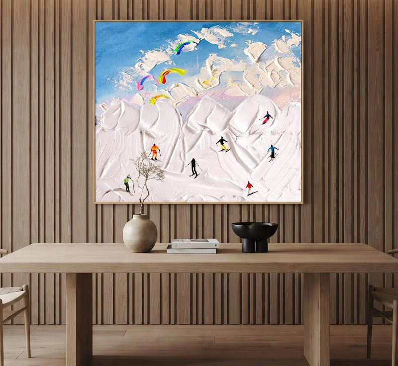 Abstract Oil Painting - Skiers on Snowy Slopes Impasto on Canvas