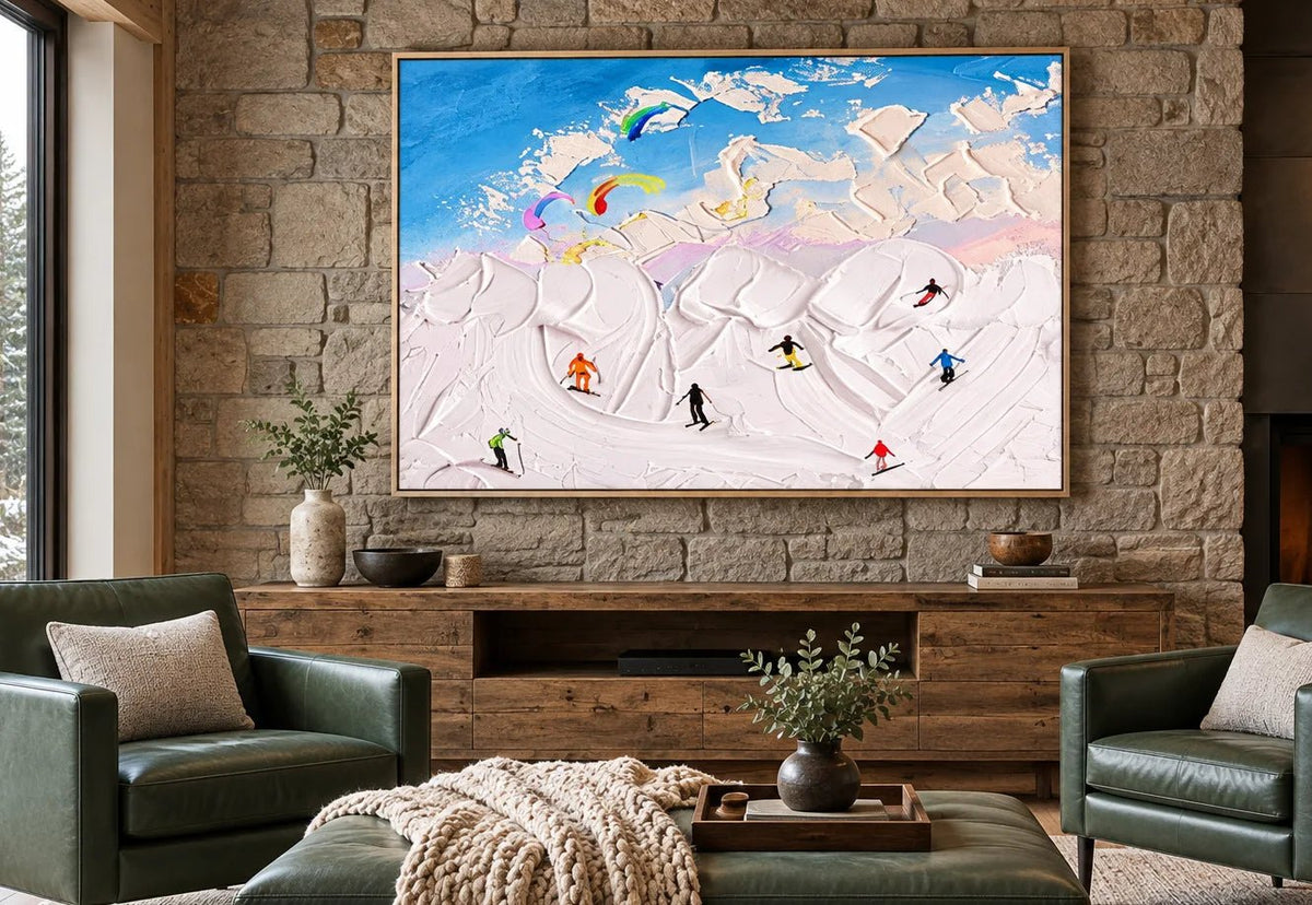 Abstract Oil Painting - Skiers on Snowy Slopes Impasto on Canvas