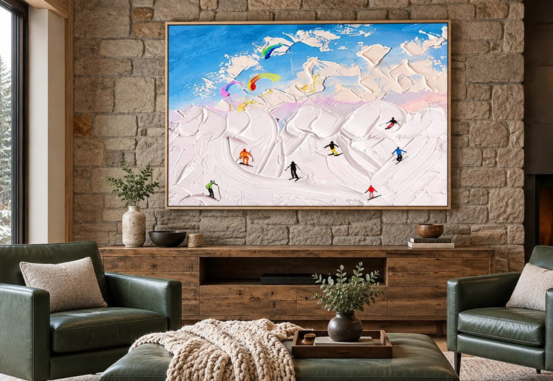 Abstract Oil Painting - Skiers on Snowy Slopes Impasto on Canvas