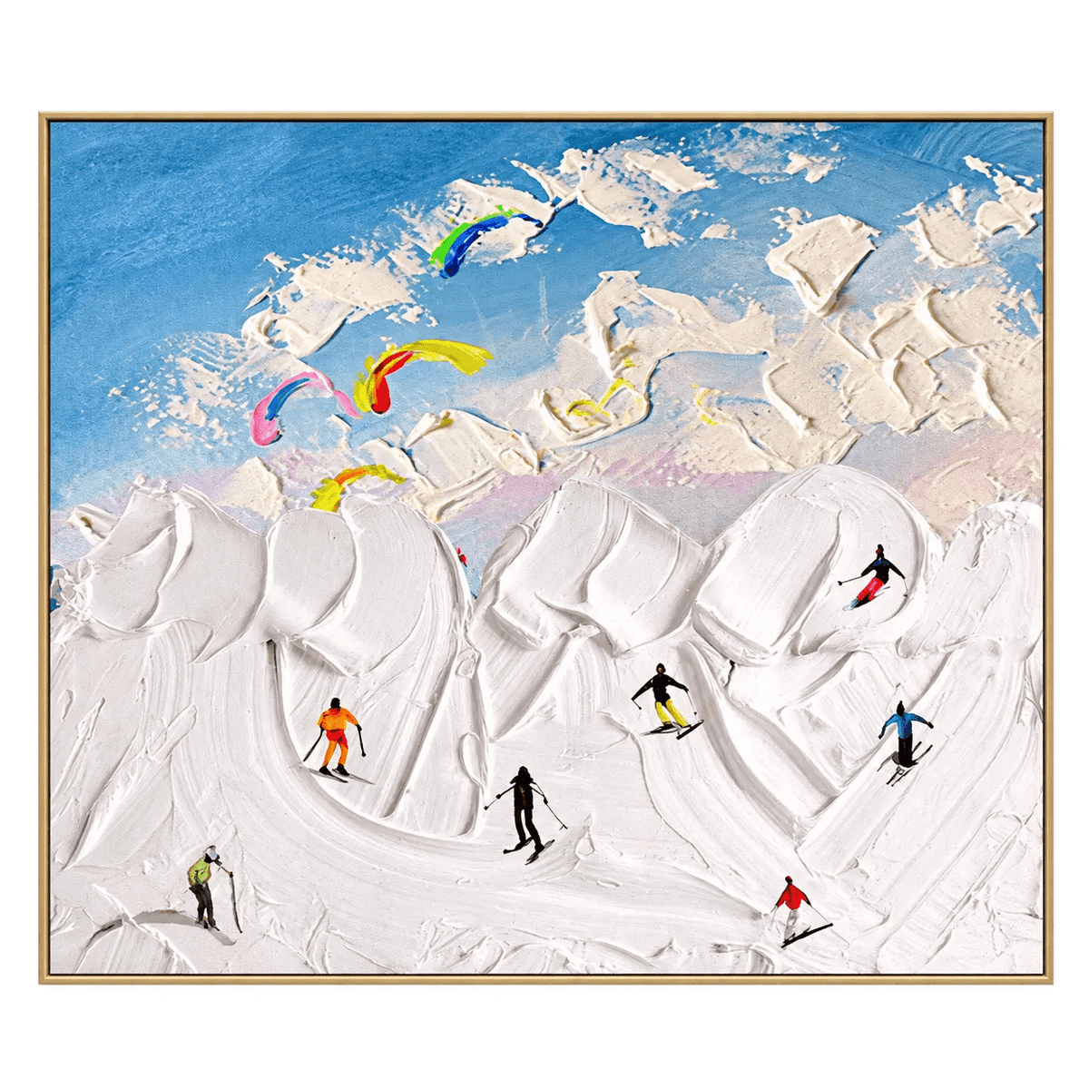 Abstract Oil Painting - Skiers on Snowy Slopes Impasto on Canvas