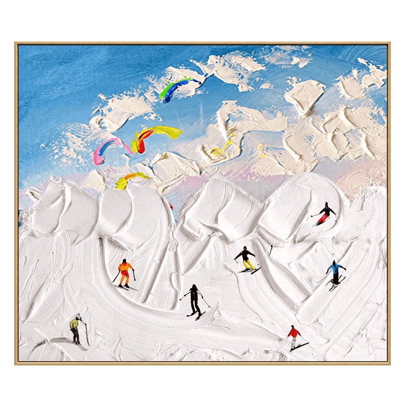 Abstract Oil Painting - Skiers on Snowy Slopes Impasto on Canvas