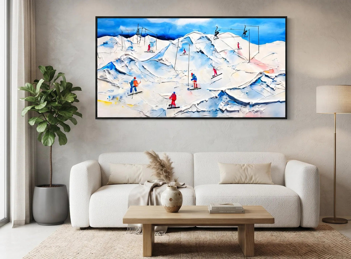 Peinture à l’huile abstraite – Skieurs sur des pentes enneigées