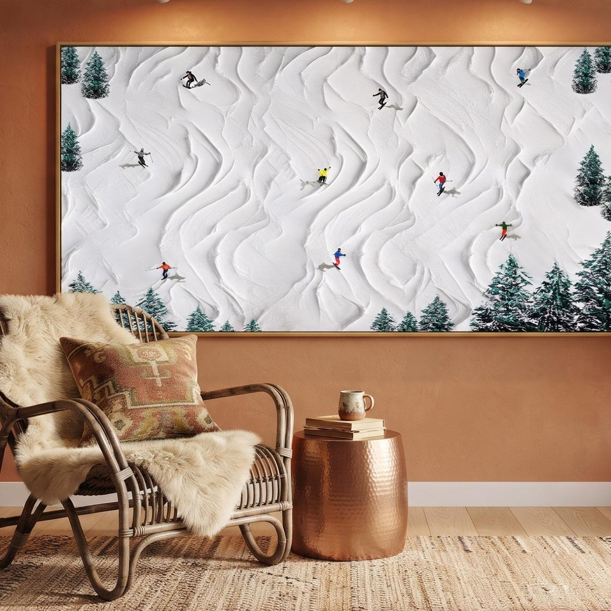 Abstract Oil Painting - Skiers on Snowy Slopes Textured Wall Art