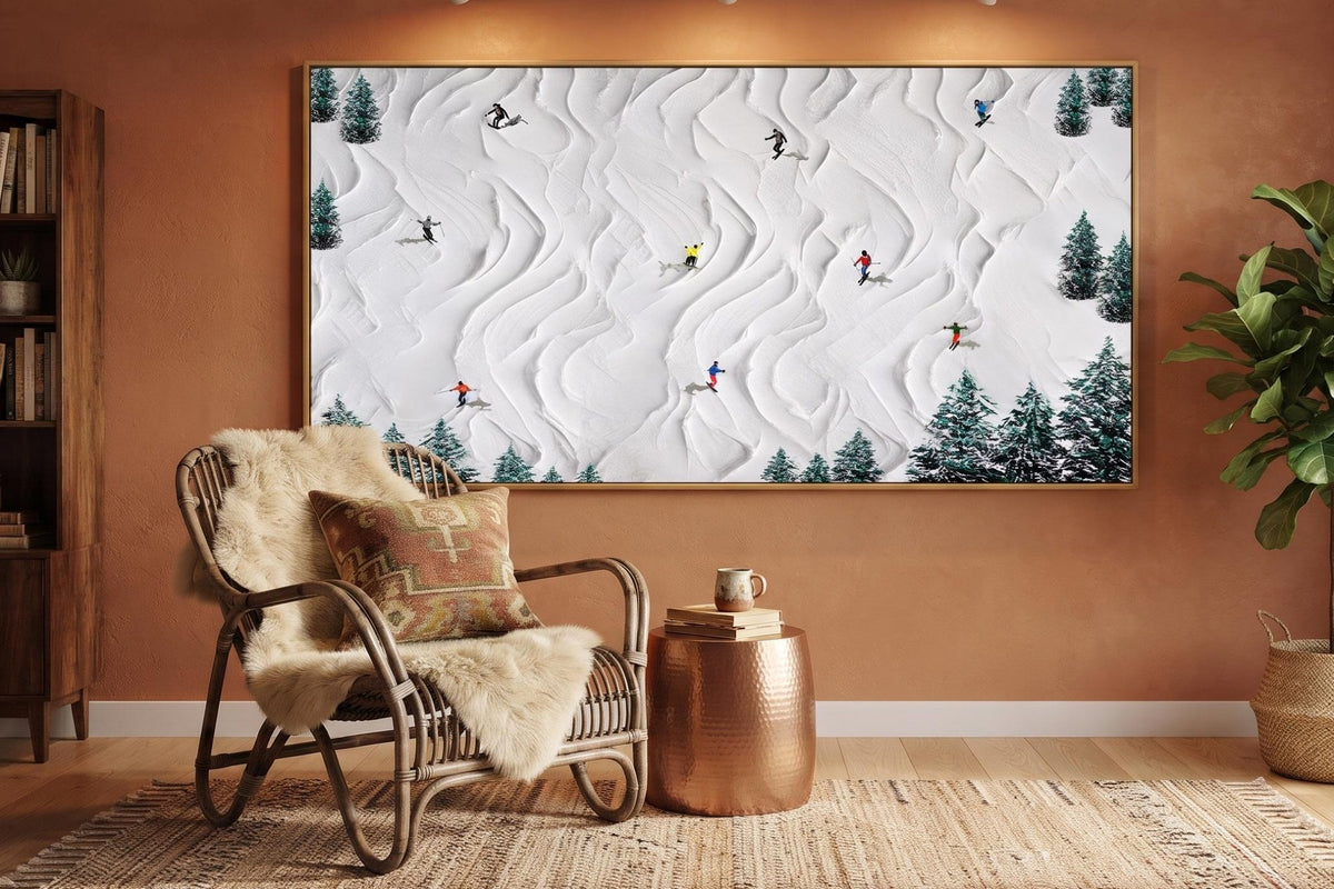 Abstract Oil Painting - Skiers on Snowy Slopes Textured Wall Art