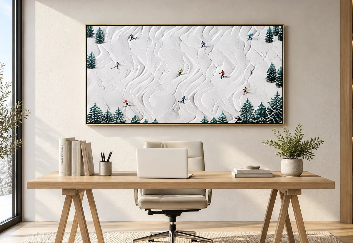 Abstract Oil Painting - Skiers on Snowy Slopes Textured Wall Art