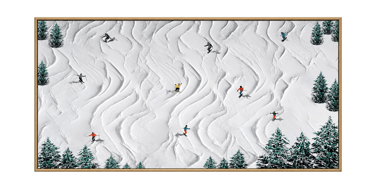 Abstract Oil Painting - Skiers on Snowy Slopes Textured Wall Art