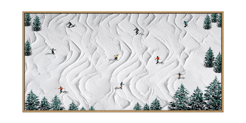 Abstract Oil Painting - Skiers on Snowy Slopes Textured Wall Art