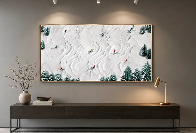 Abstract Oil Painting - Skiers on Snowy Slopes Textured Wall Art