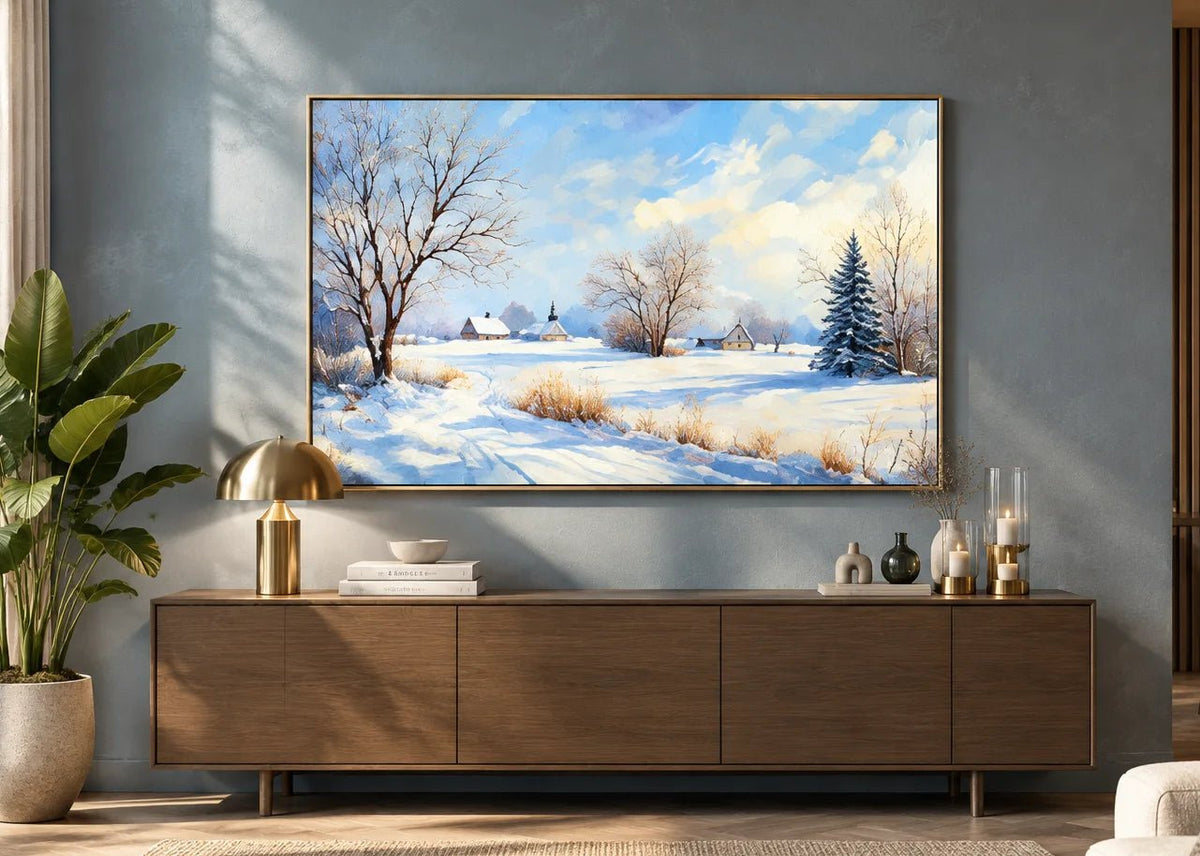 Peinture à l’huile abstraite – Village enneigé avec chemin d’hiver