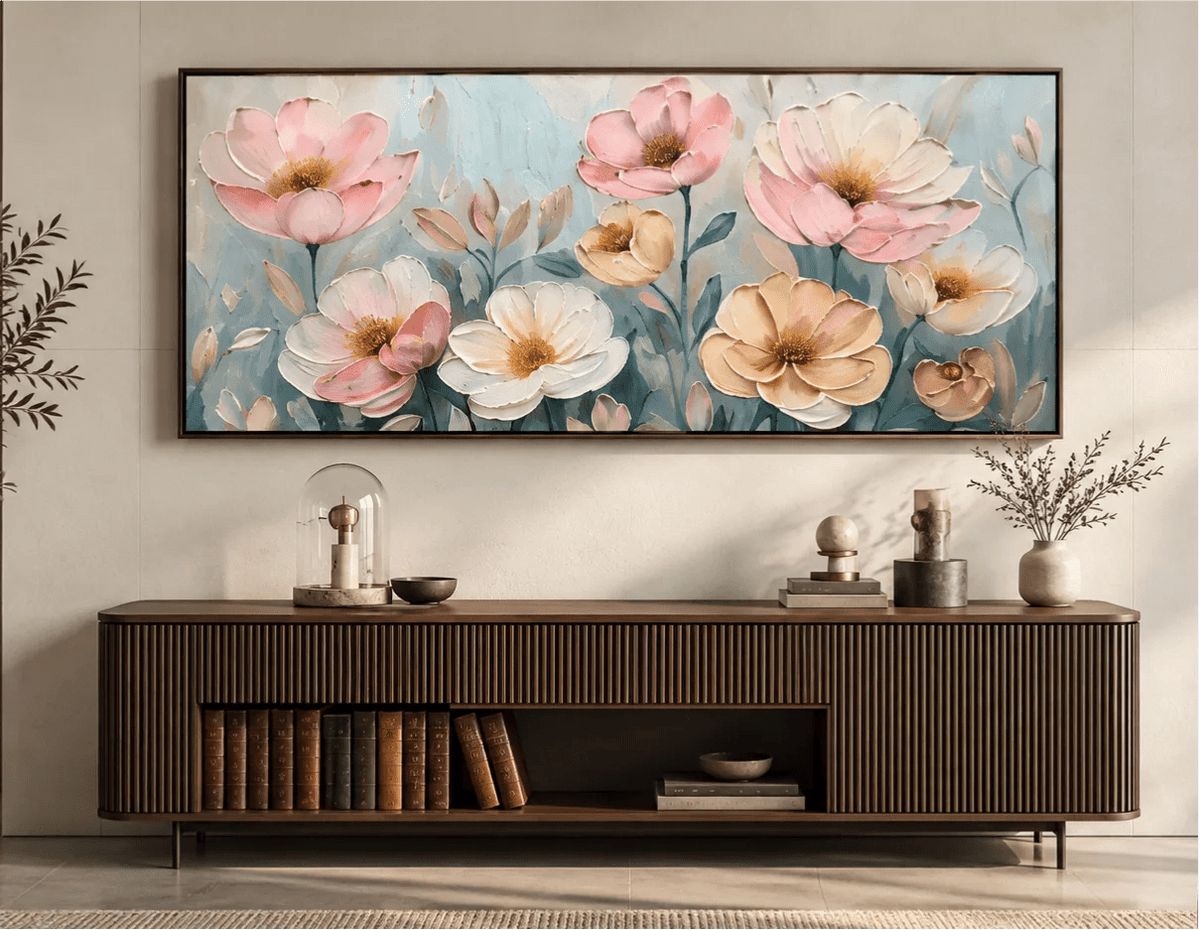 Abstract Oil Painting - Soft Pink and Cream Floral Garden Bloom