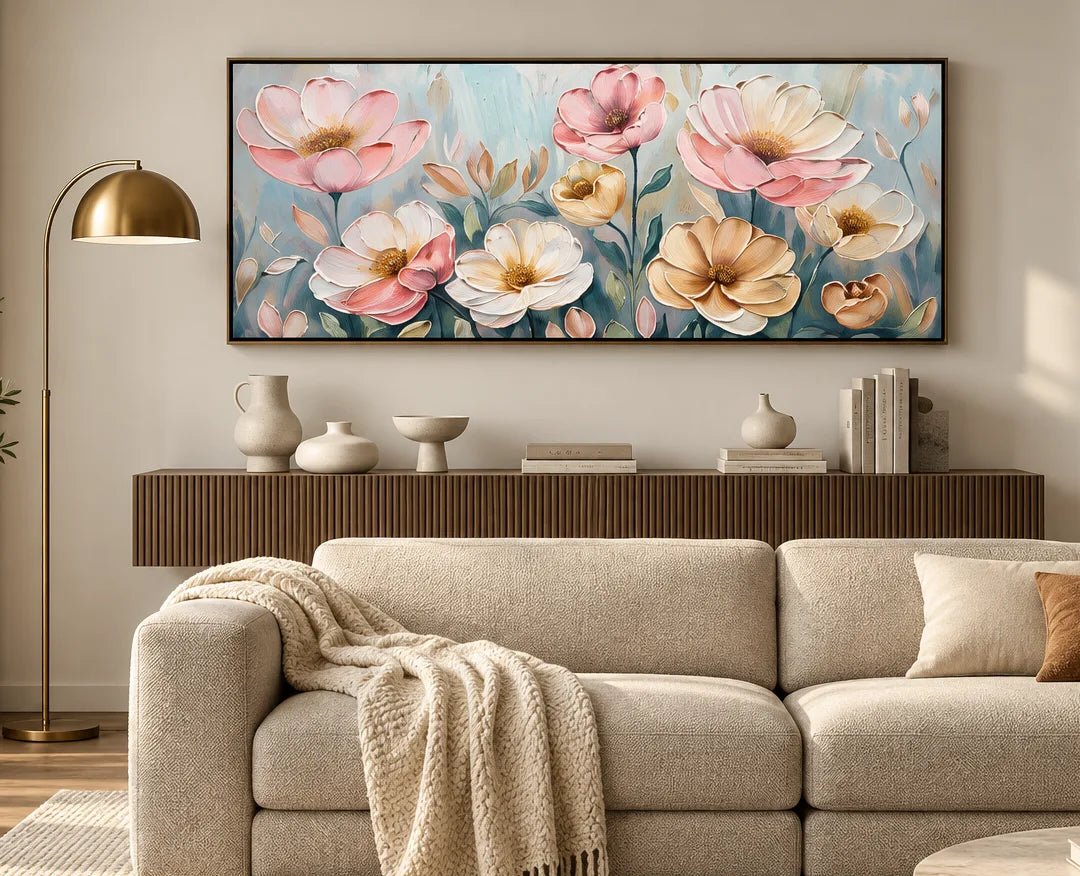 Peinture à l’huile – Fleurs de jardin rose pâle et crème
