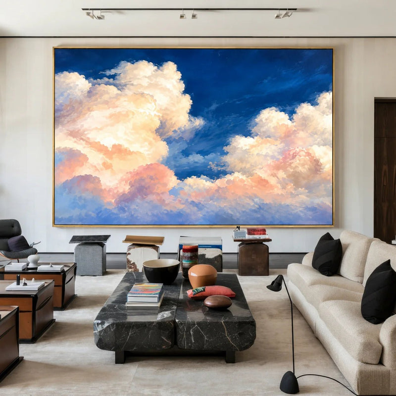 Abstract Oil Painting - Soft Pink Sunset Clouds in a Deep Blue Sky