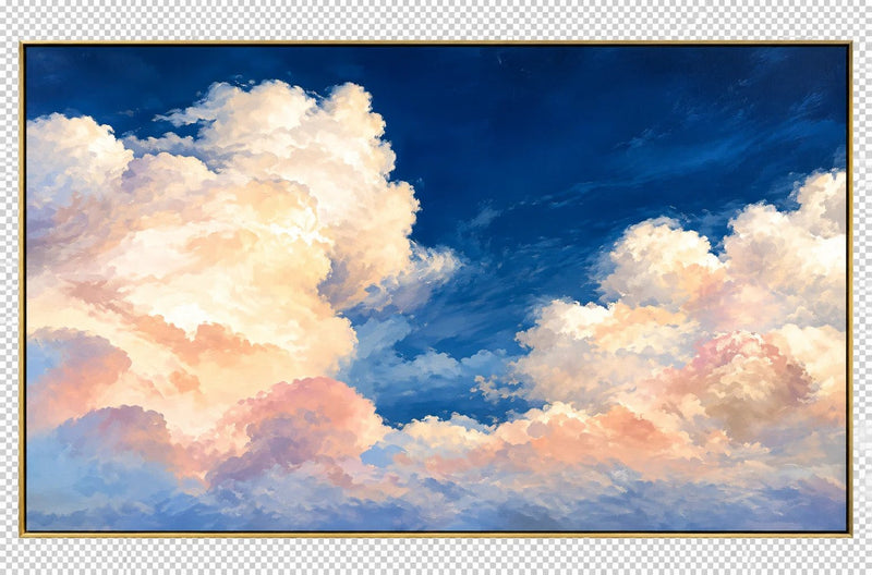 Abstract Oil Painting - Soft Pink Sunset Clouds in a Deep Blue Sky