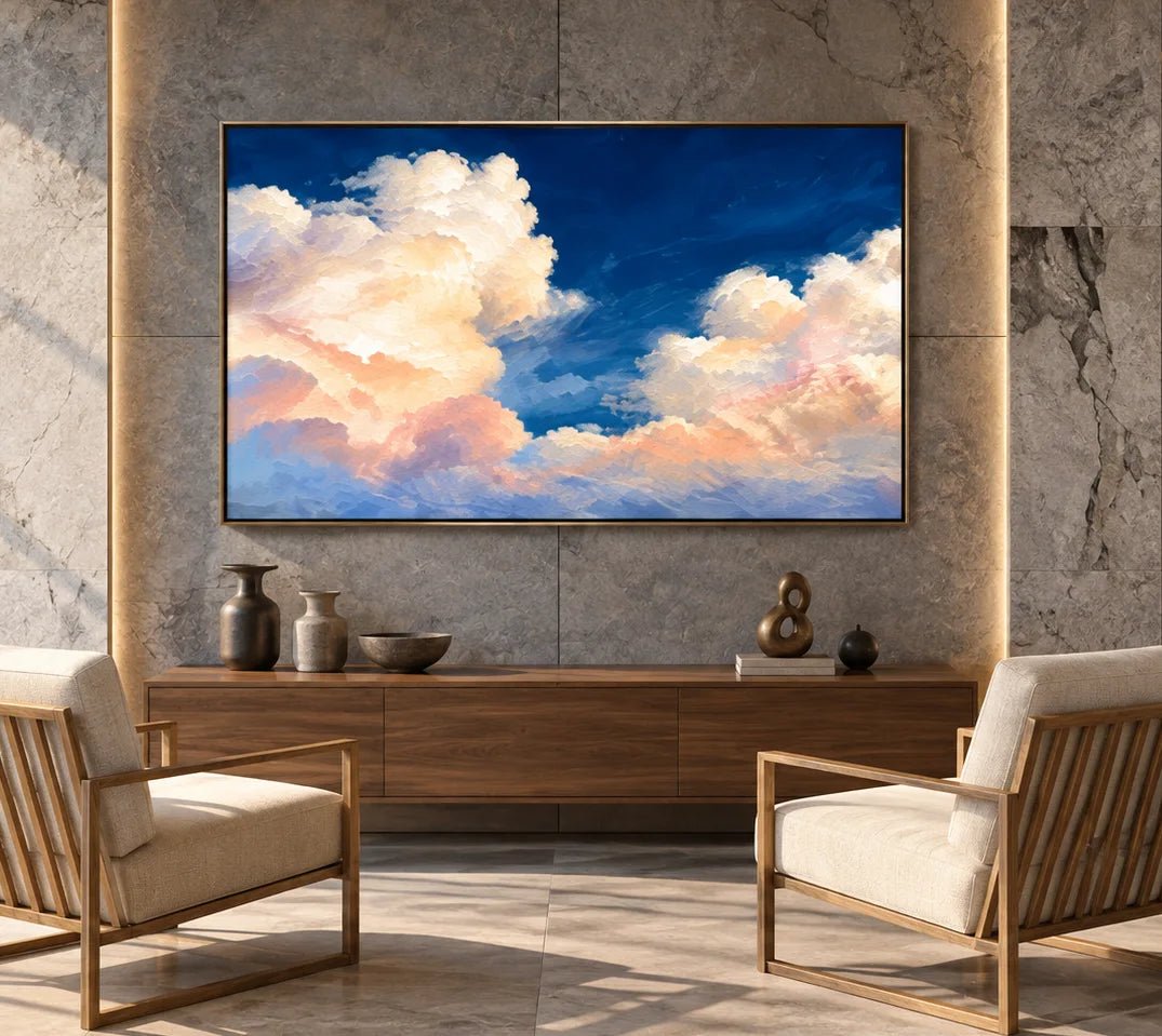 Peinture à l’huile abstraite – Nuages roses au couchant dans un ciel bleu profond
