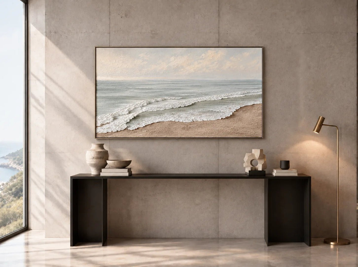 Peinture à l’huile abstraite – Vagues vert sauge et rivage sablonneux