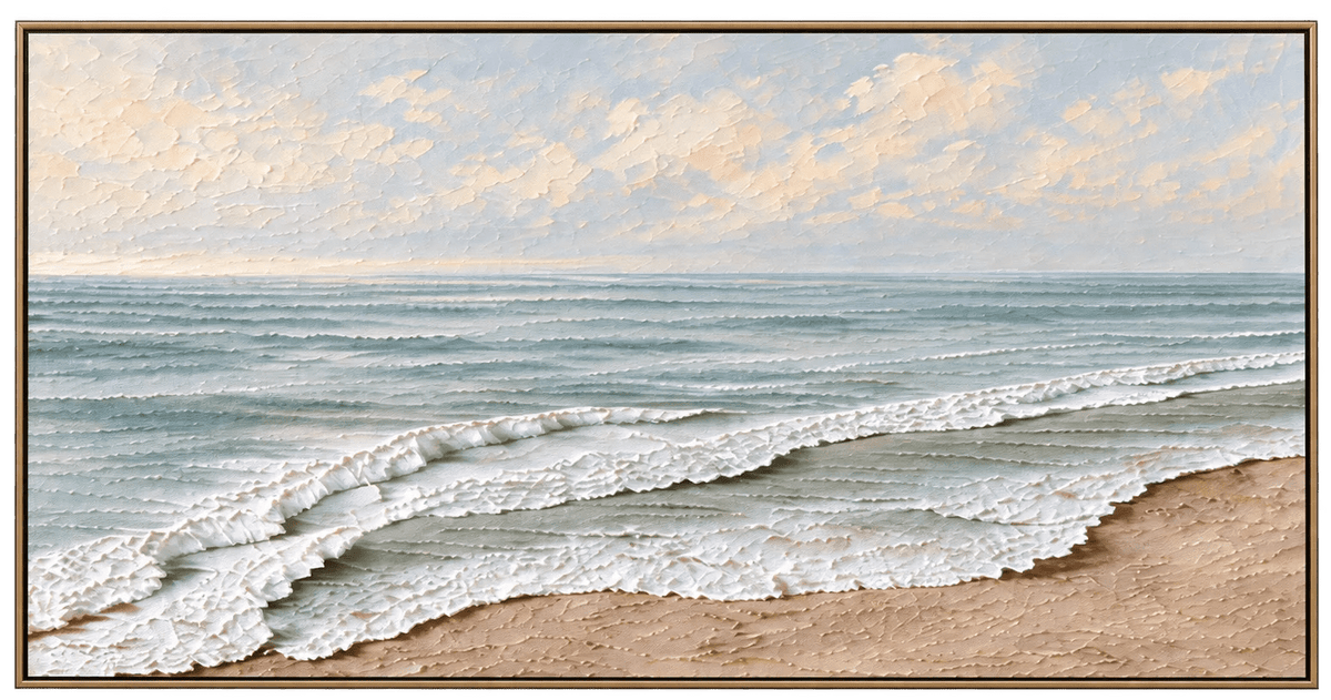 Peinture à l’huile abstraite – Vagues vert sauge et rivage sablonneux