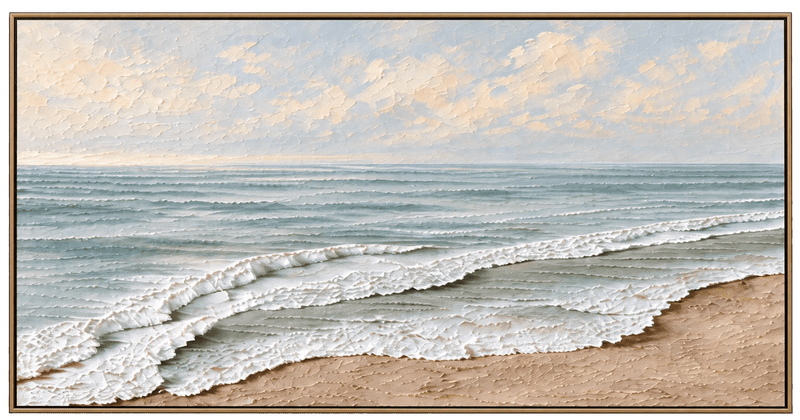 Peinture à l’huile abstraite – Vagues vert sauge et rivage sablonneux