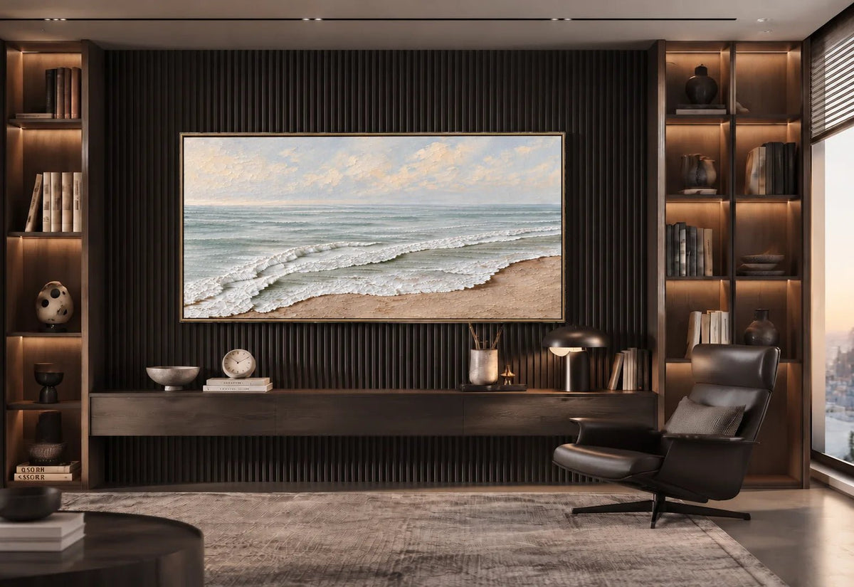 Peinture à l’huile abstraite – Vagues vert sauge et rivage sablonneux