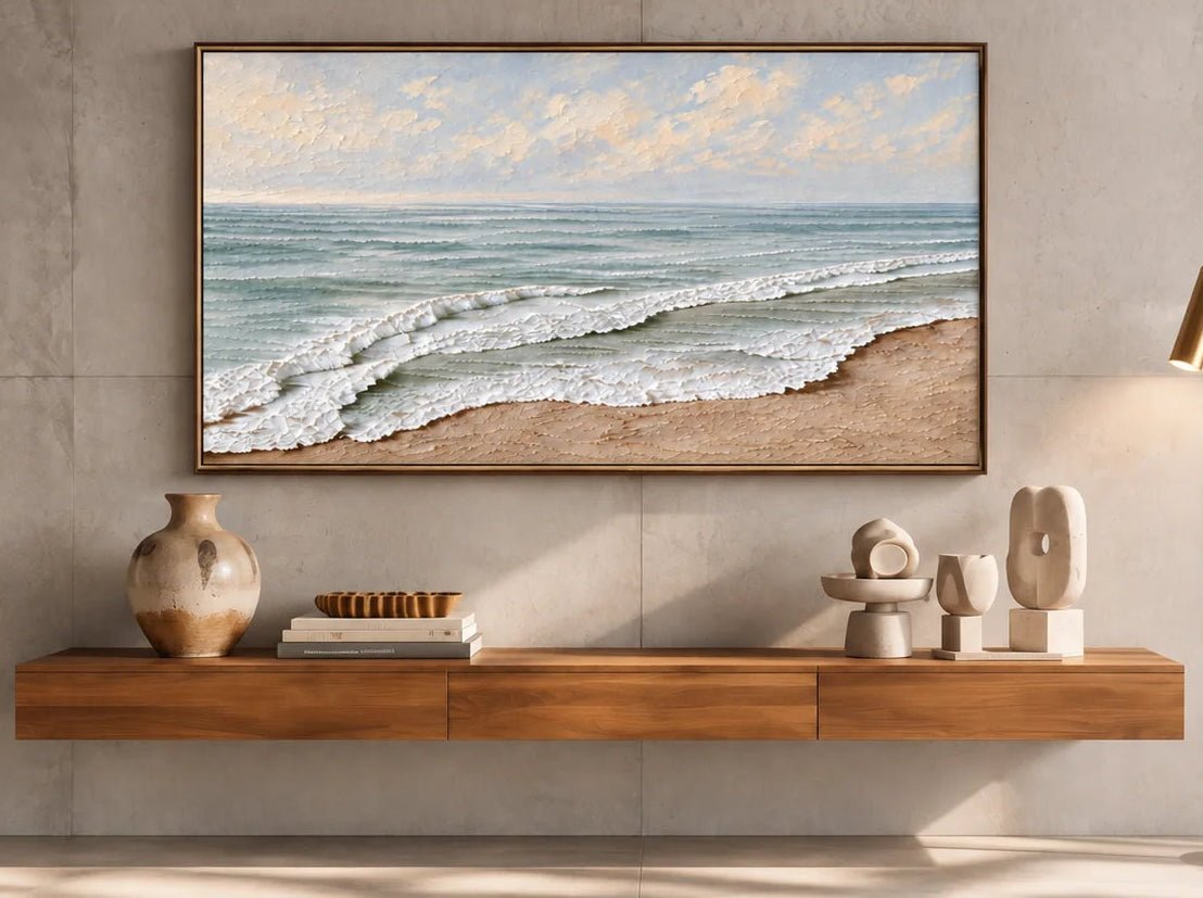 Peinture à l’huile abstraite – Vagues vert sauge et rivage sablonneux