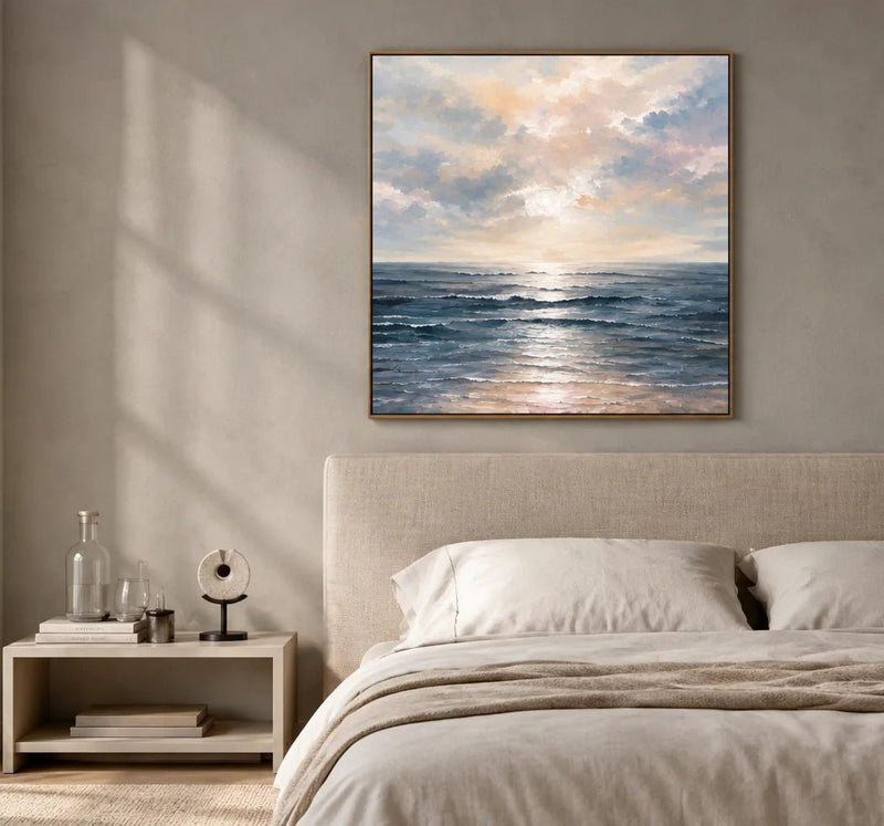 Pintura al óleo abstracta - Arte de pared de un suave amanecer sobre olas del océano azules