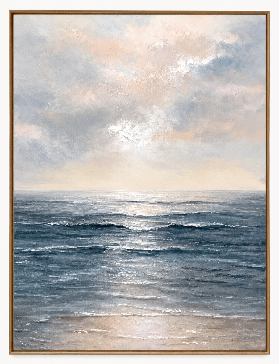 Pintura al óleo abstracta - Arte de pared de un suave amanecer sobre olas del océano azules