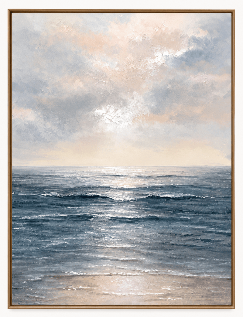 Pintura al óleo abstracta - Arte de pared de un suave amanecer sobre olas del océano azules