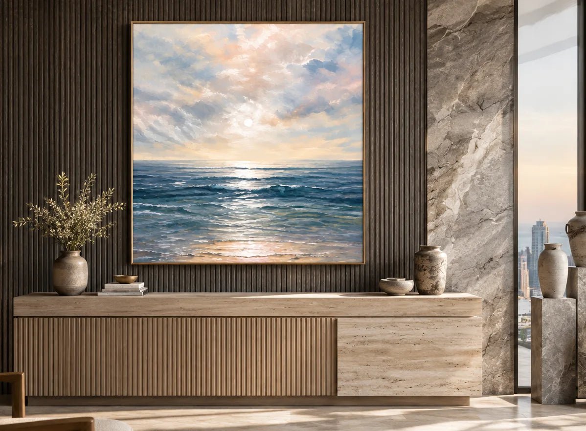 Pintura al óleo abstracta - Arte de pared de un suave amanecer sobre olas del océano azules