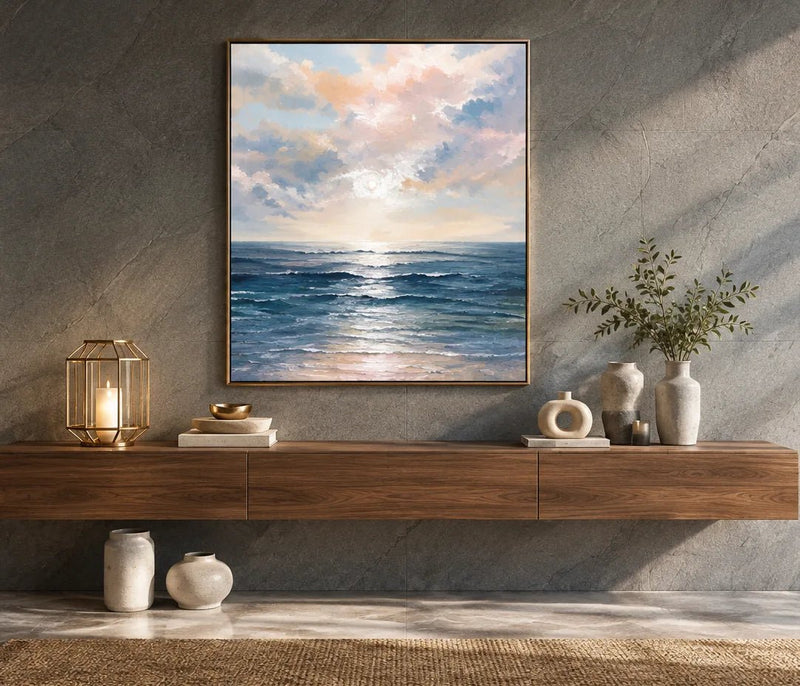 Pintura al óleo abstracta - Arte de pared de un suave amanecer sobre olas del océano azules