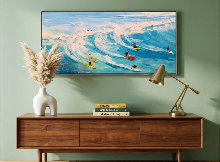 Peinture à l’huile – Surfeurs sur des vagues bleues