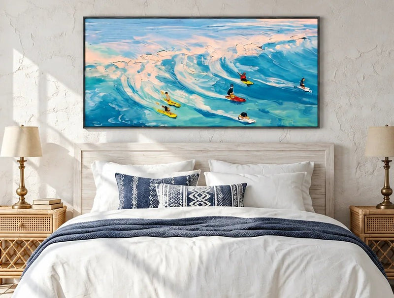 Peinture à l’huile – Surfeurs sur des vagues bleues