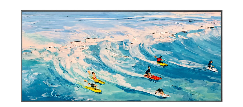 Peinture à l’huile – Surfeurs sur des vagues bleues