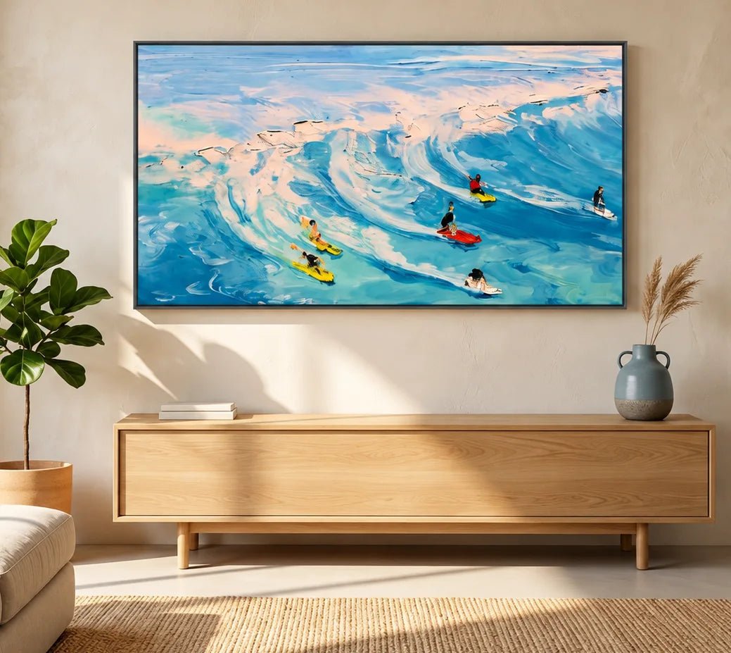 Peinture à l’huile – Surfeurs sur des vagues bleues