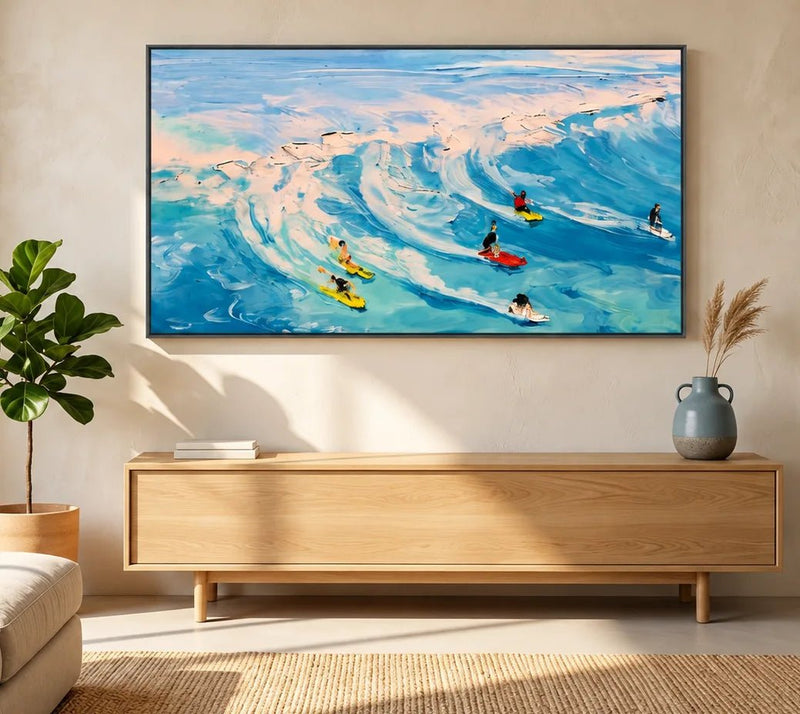 Peinture à l’huile – Surfeurs sur des vagues bleues