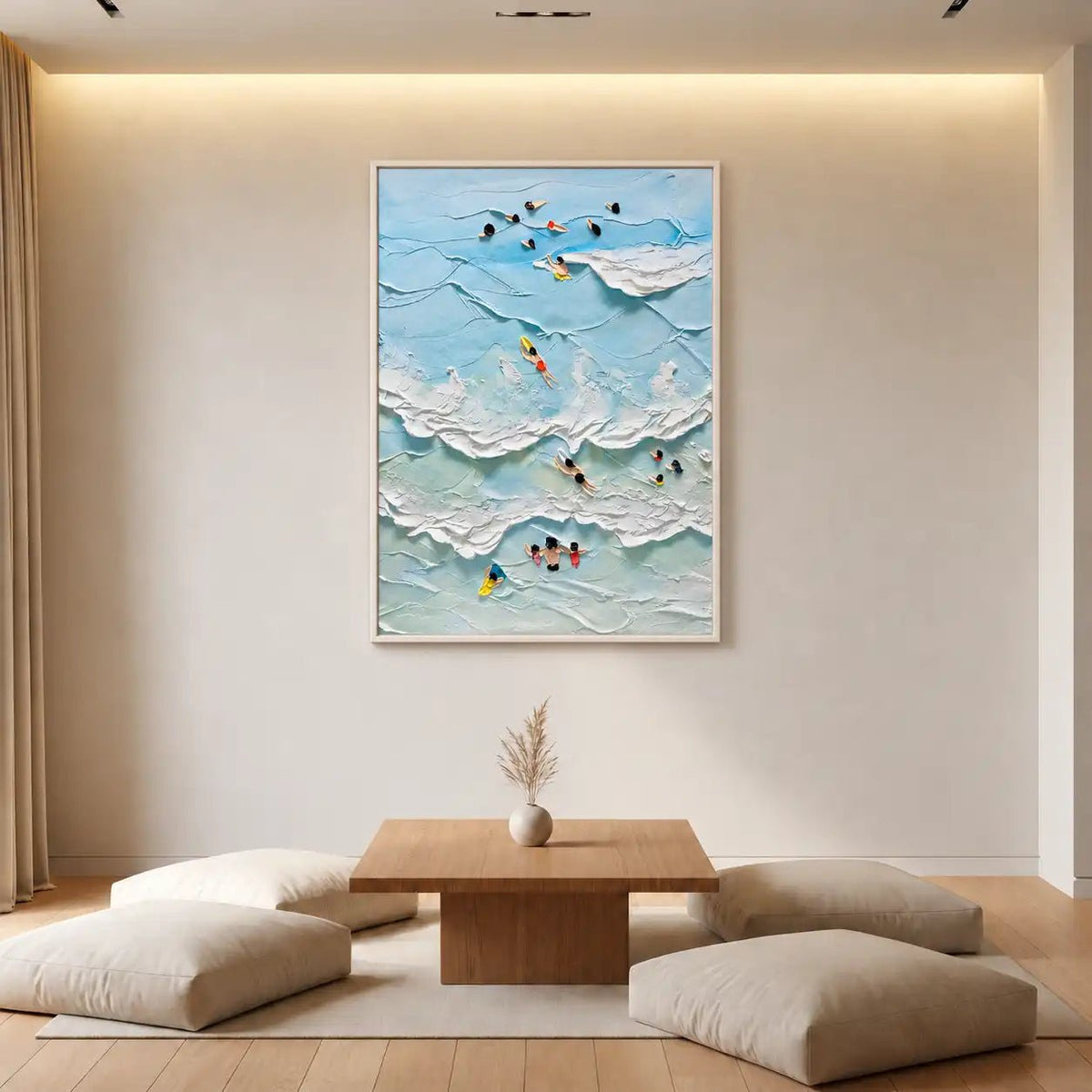 Pintura al óleo abstracta - Nadadores en olas oceánicas azules sobre lienzo
