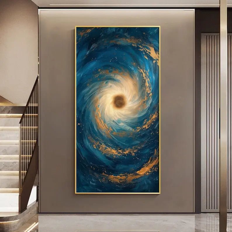 Abstract Oil Painting - Swirling Blue and Gold Cosmic Wall Art - Oil Painting Haven