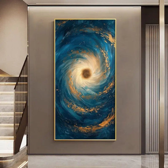 Abstract Oil Painting - Swirling Blue and Gold Cosmic Wall Art - Oil Painting Haven