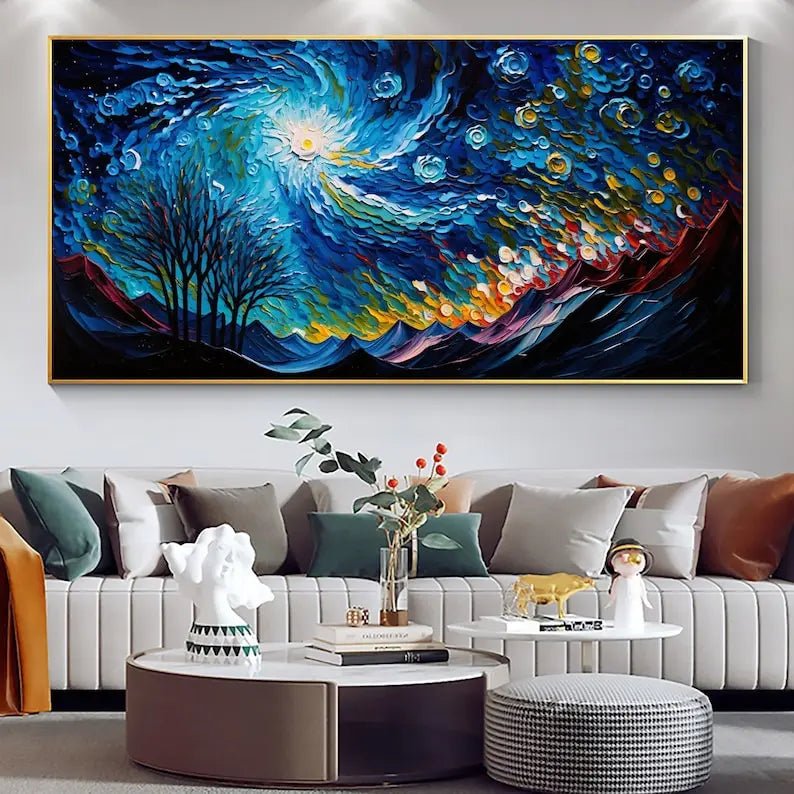 Abstract Oil Painting - Swirling Starry Night Landscape Art - Oil Painting Haven