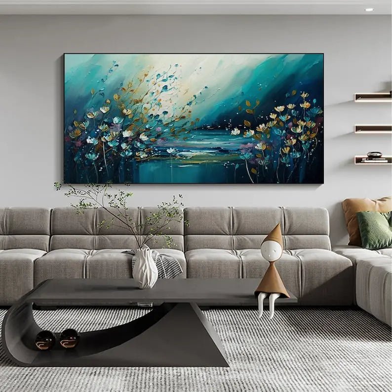 Abstract Oil Painting - Teal Floral Landscape Wall Art - Oil Painting Haven
