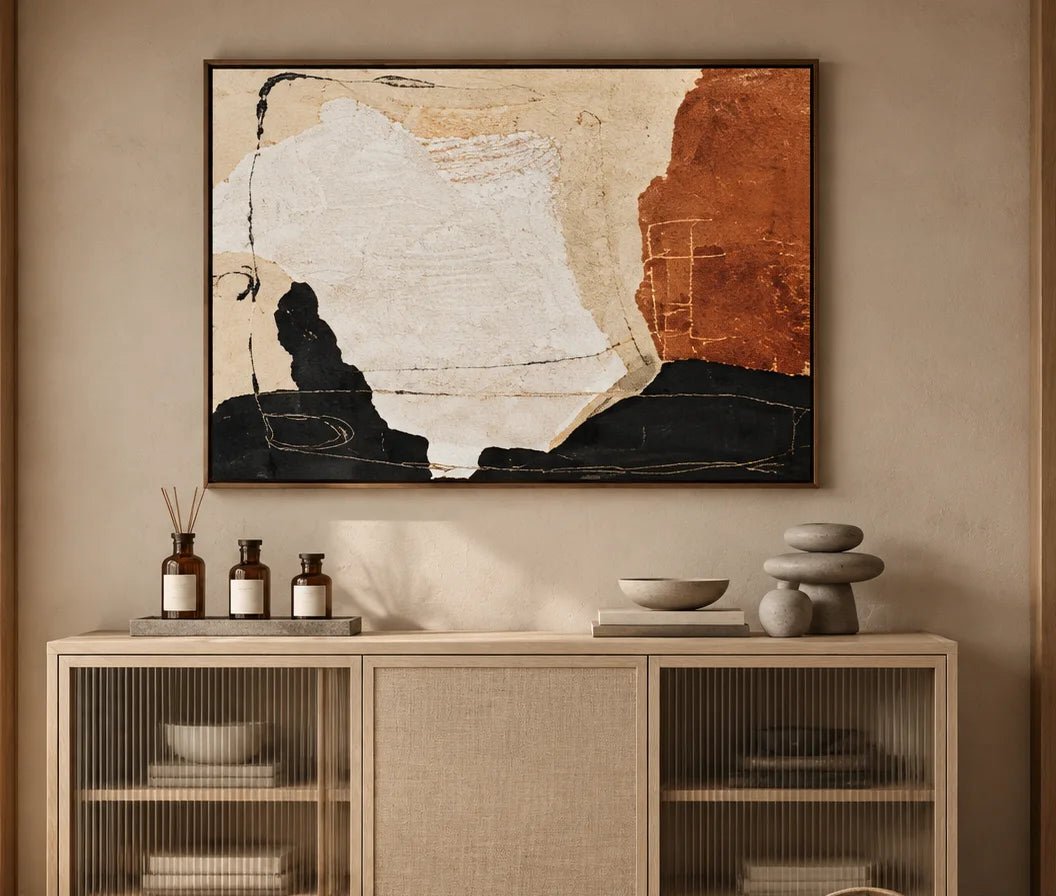 Abstract olieverfschilderij - Gestructureerde beige-zwarte minimalistische wandkunst