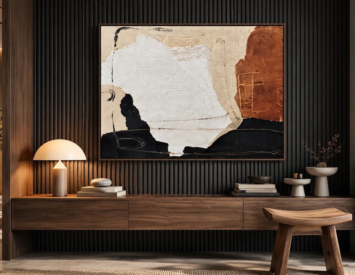 Abstract olieverfschilderij - Gestructureerde beige-zwarte minimalistische wandkunst