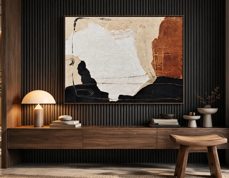Abstract olieverfschilderij - Gestructureerde beige-zwarte minimalistische wandkunst