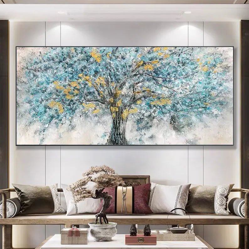 Abstract Oil Painting - Textured Blue and Gold Tree Wall Art - Oil Painting Haven